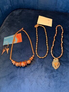 Artisan Handmade Copper Jewelry Lot - Sacred Heart & Orb Necklaces Earrings Set